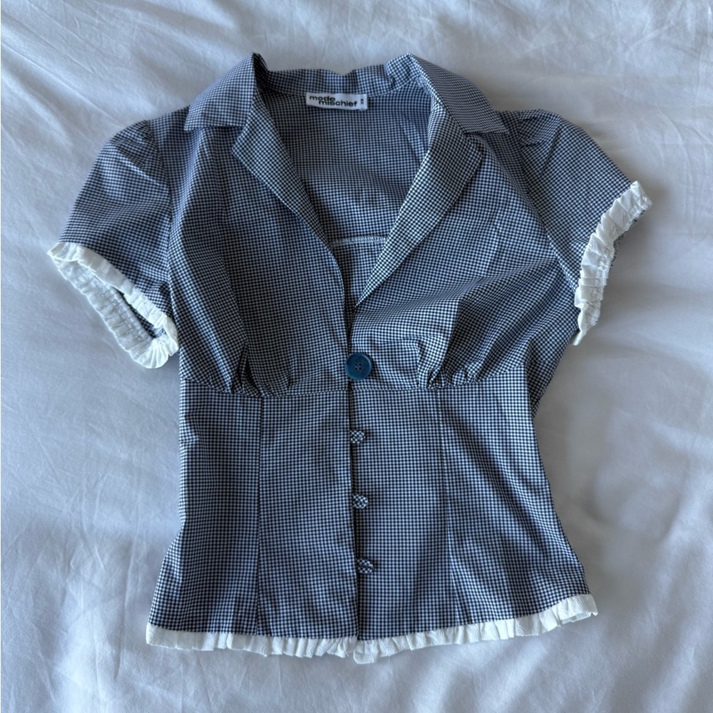 Mode Mischief Blue plaid button down blouse top